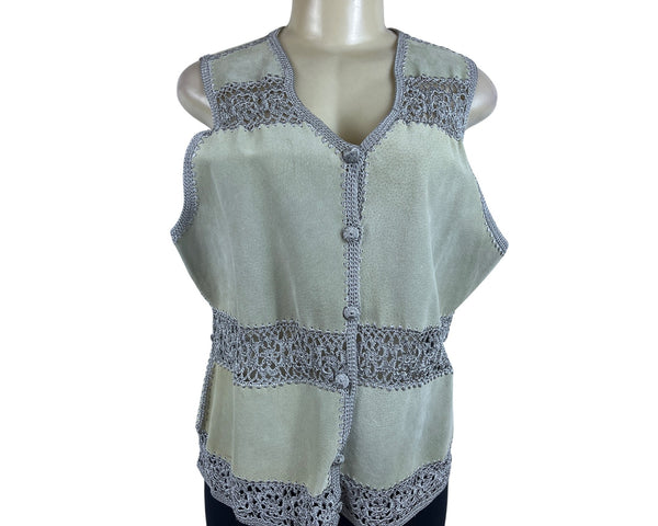 Vintage S.M.H. Womens Green Suede Leather Button Up Vest With Crochet Trim Sz XL
