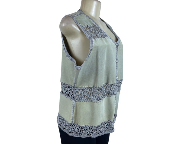 Vintage S.M.H. Womens Green Suede Leather Button Up Vest With Crochet Trim Sz XL