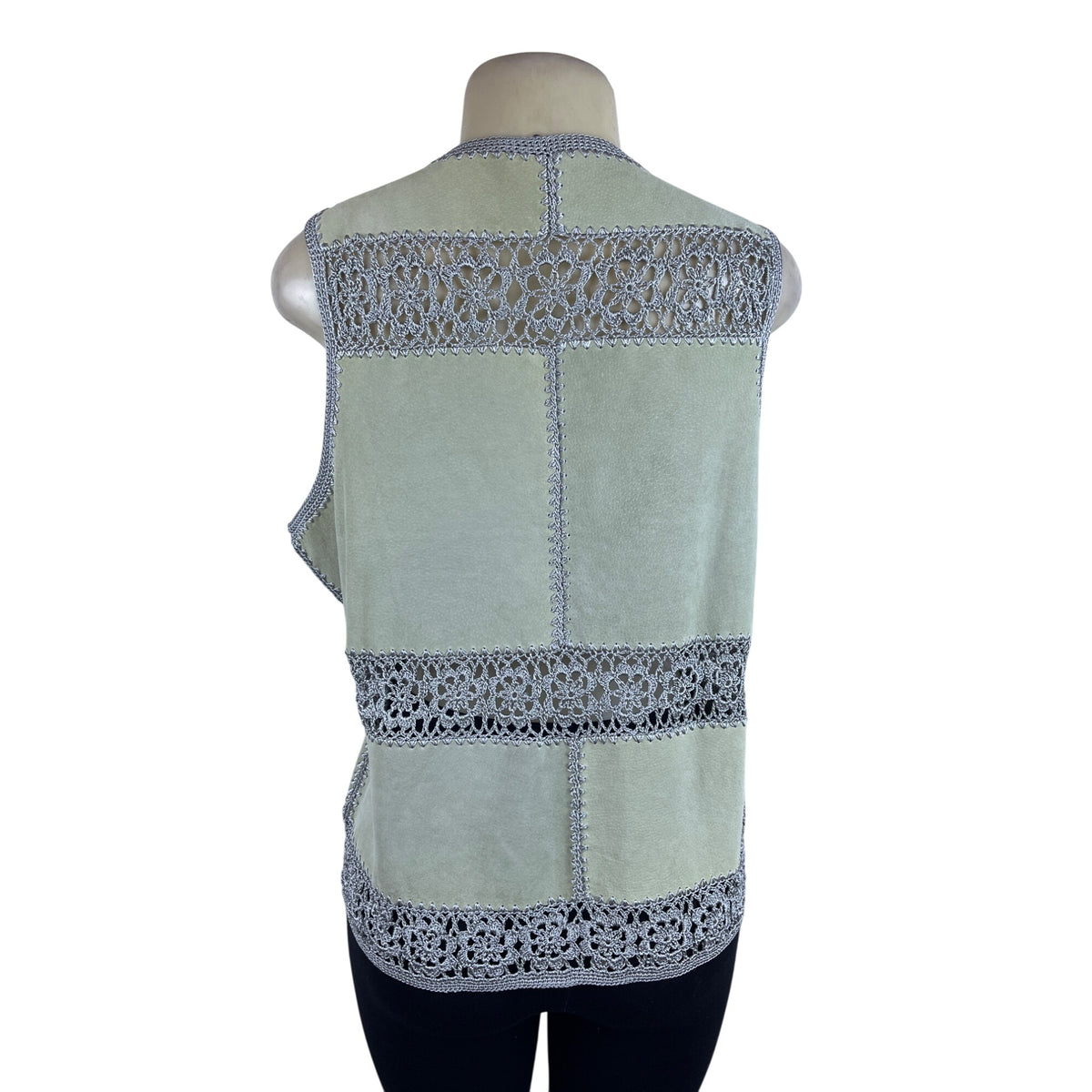 Vintage S.M.H. Womens Green Suede Leather Button Up Vest With Crochet Trim Sz XL