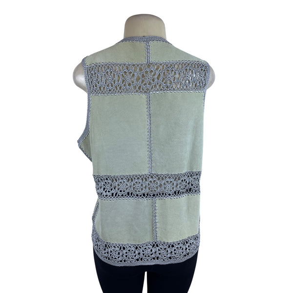 Vintage S.M.H. Womens Green Suede Leather Button Up Vest With Crochet Trim Sz XL