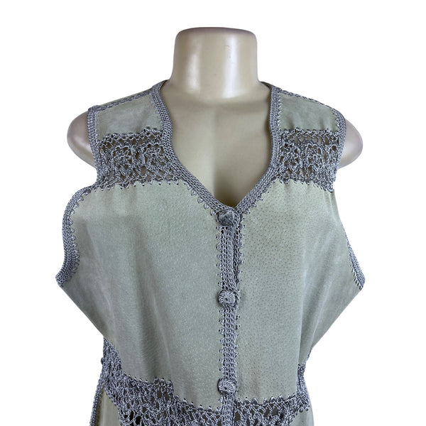 Vintage S.M.H. Womens Green Suede Leather Button Up Vest With Crochet Trim Sz XL