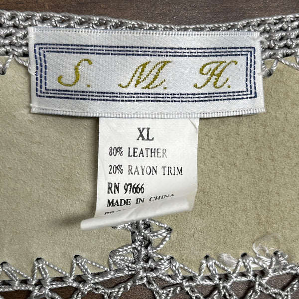 Vintage S.M.H. Womens Green Suede Leather Button Up Vest With Crochet Trim Sz XL