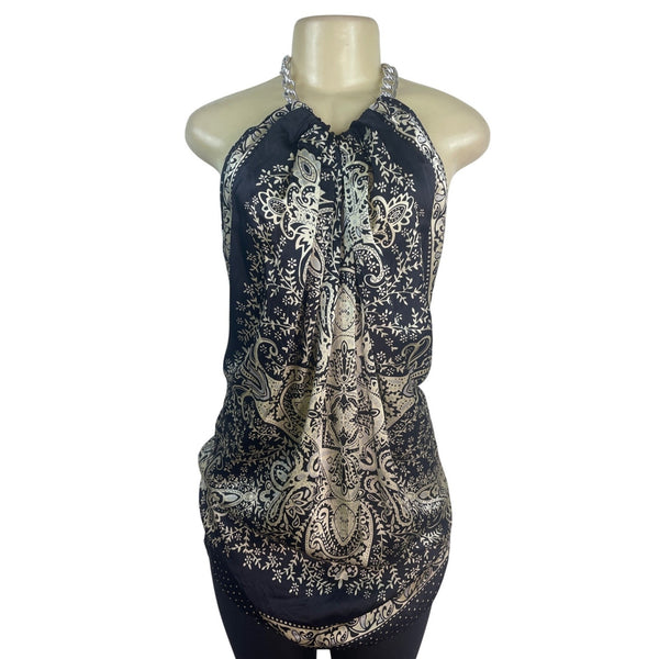 Forever Halter Neck Black & Gold Blouse With Chain Detail Paisley Size M - New