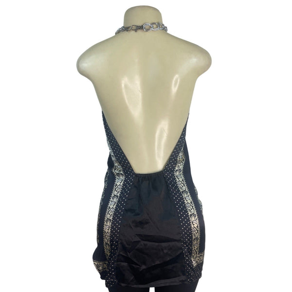 Forever Halter Neck Black & Gold Blouse With Chain Detail Paisley Size M - New