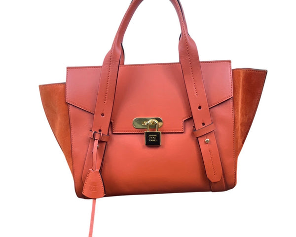 Escada Tropical Orange Leather Suede  Adjustable Strap W Padlock Women Tote Sz M