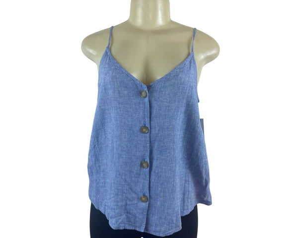 BP Womens Blue Linen-Blend Spaghetti Strap V-Neck Buttoned Top Sz S - New