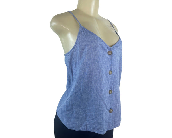 BP Womens Blue Linen-Blend Spaghetti Strap V-Neck Buttoned Top Sz S - New