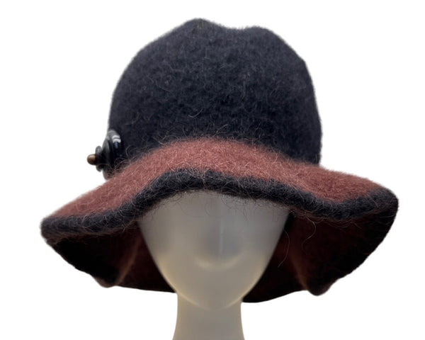 Handmade Susan Salomon Black & Rust Wool Felt Cloche Hat