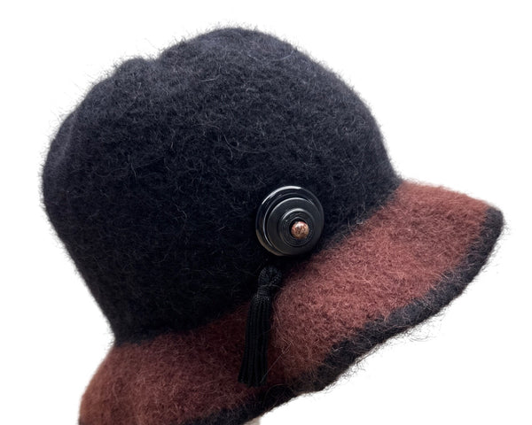 Handmade Susan Salomon Black & Rust Wool Felt Cloche Hat