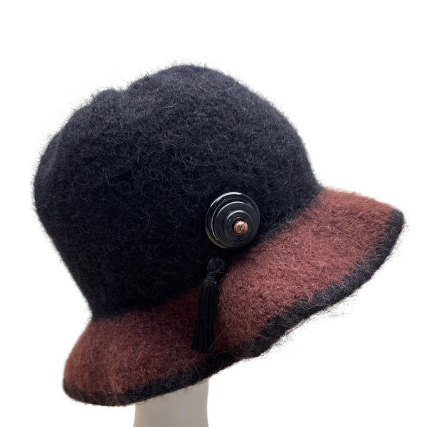 Handmade Susan Salomon Black & Rust Wool Felt Cloche Hat