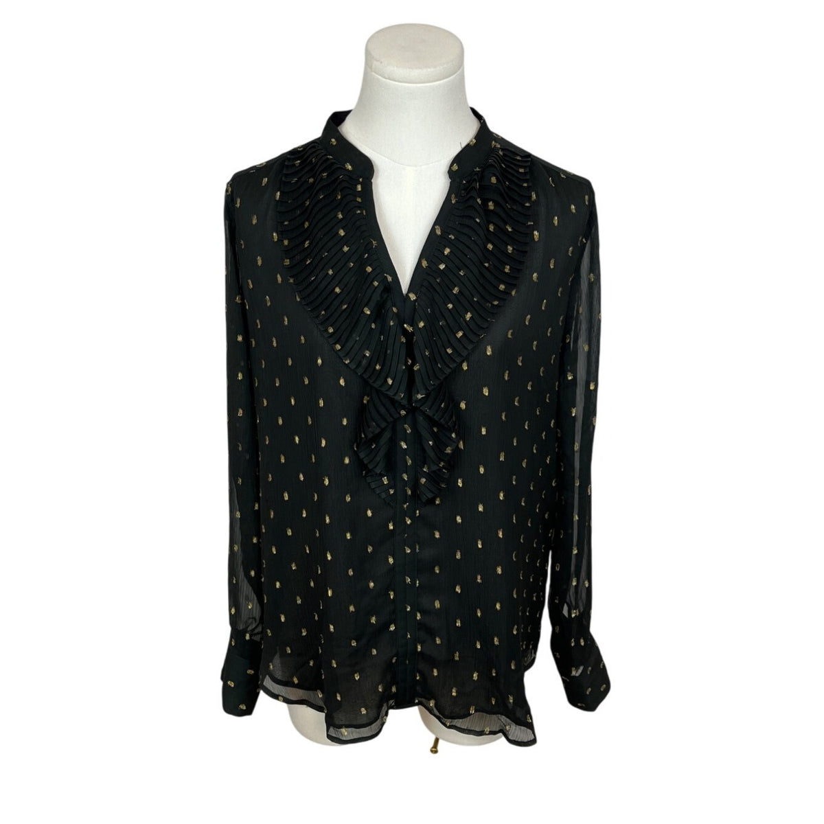 Ann Taylor Womens Black & Gold Polka Dot Ruffle Mesh Long Sleeve Blouse Sz S
