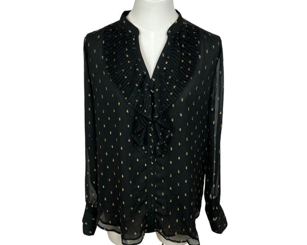 Ann Taylor Womens Black & Gold Polka Dot Ruffle Mesh Long Sleeve Blouse Sz S