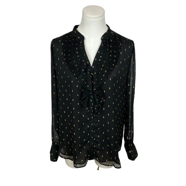 Ann Taylor Womens Black & Gold Polka Dot Ruffle Mesh Long Sleeve Blouse Sz S