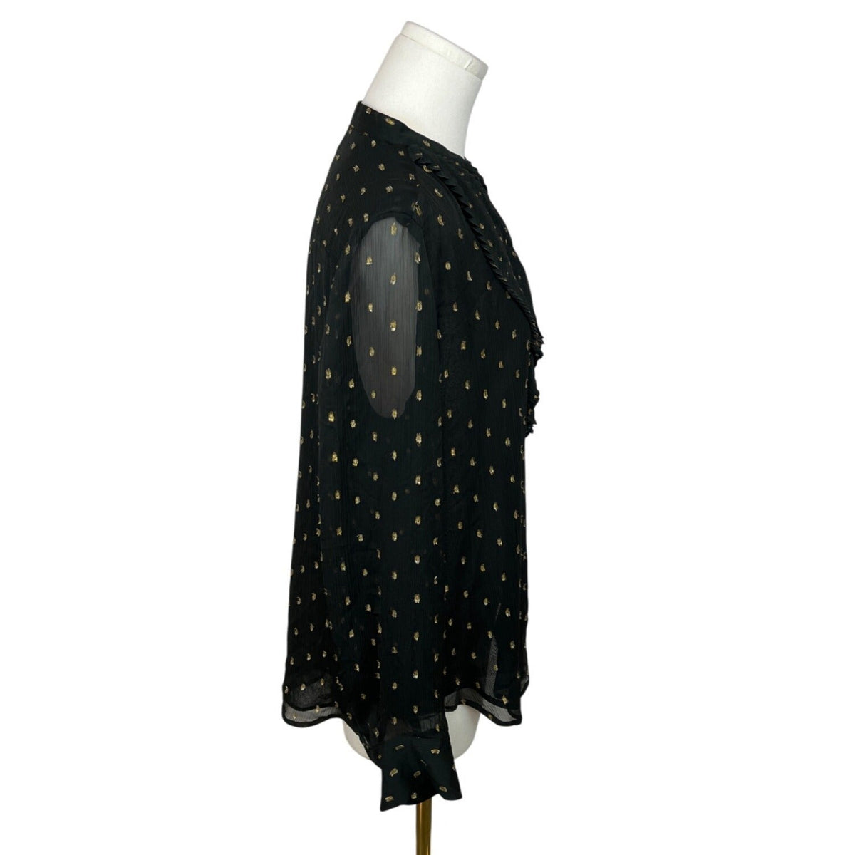 Ann Taylor Womens Black & Gold Polka Dot Ruffle Mesh Long Sleeve Blouse Sz S