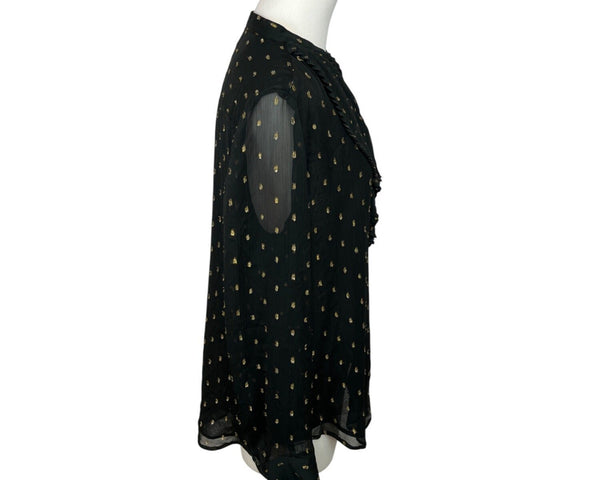 Ann Taylor Womens Black & Gold Polka Dot Ruffle Mesh Long Sleeve Blouse Sz S