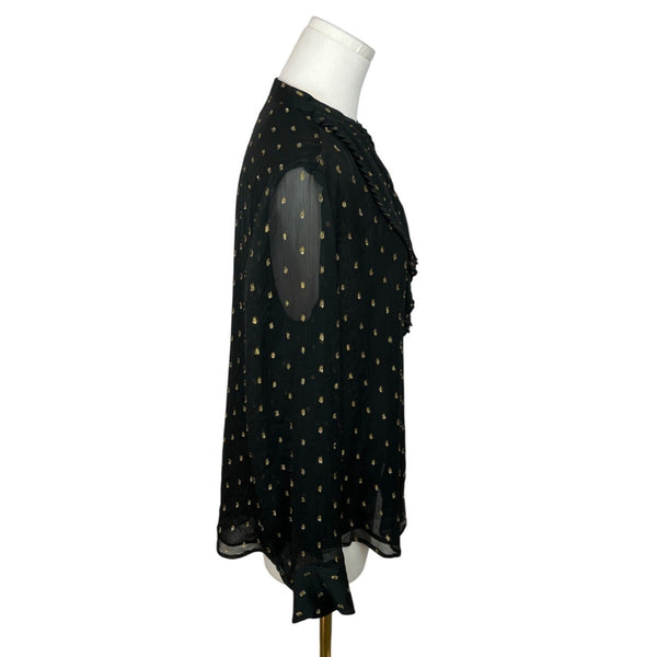 Ann Taylor Womens Black & Gold Polka Dot Ruffle Mesh Long Sleeve Blouse Sz S