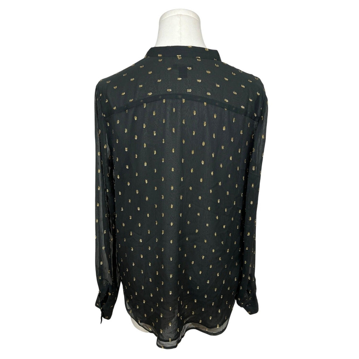 Ann Taylor Womens Black & Gold Polka Dot Ruffle Mesh Long Sleeve Blouse Sz S
