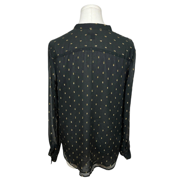 Ann Taylor Womens Black & Gold Polka Dot Ruffle Mesh Long Sleeve Blouse Sz S