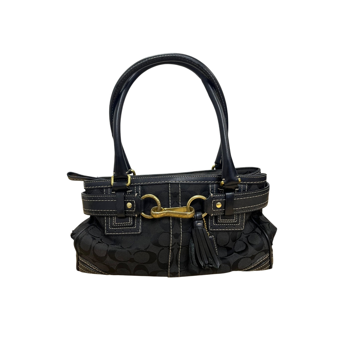 Coach Womens Black Canvas Satchel Bag Gold Hardware Leather Trim Medium Size Stylish