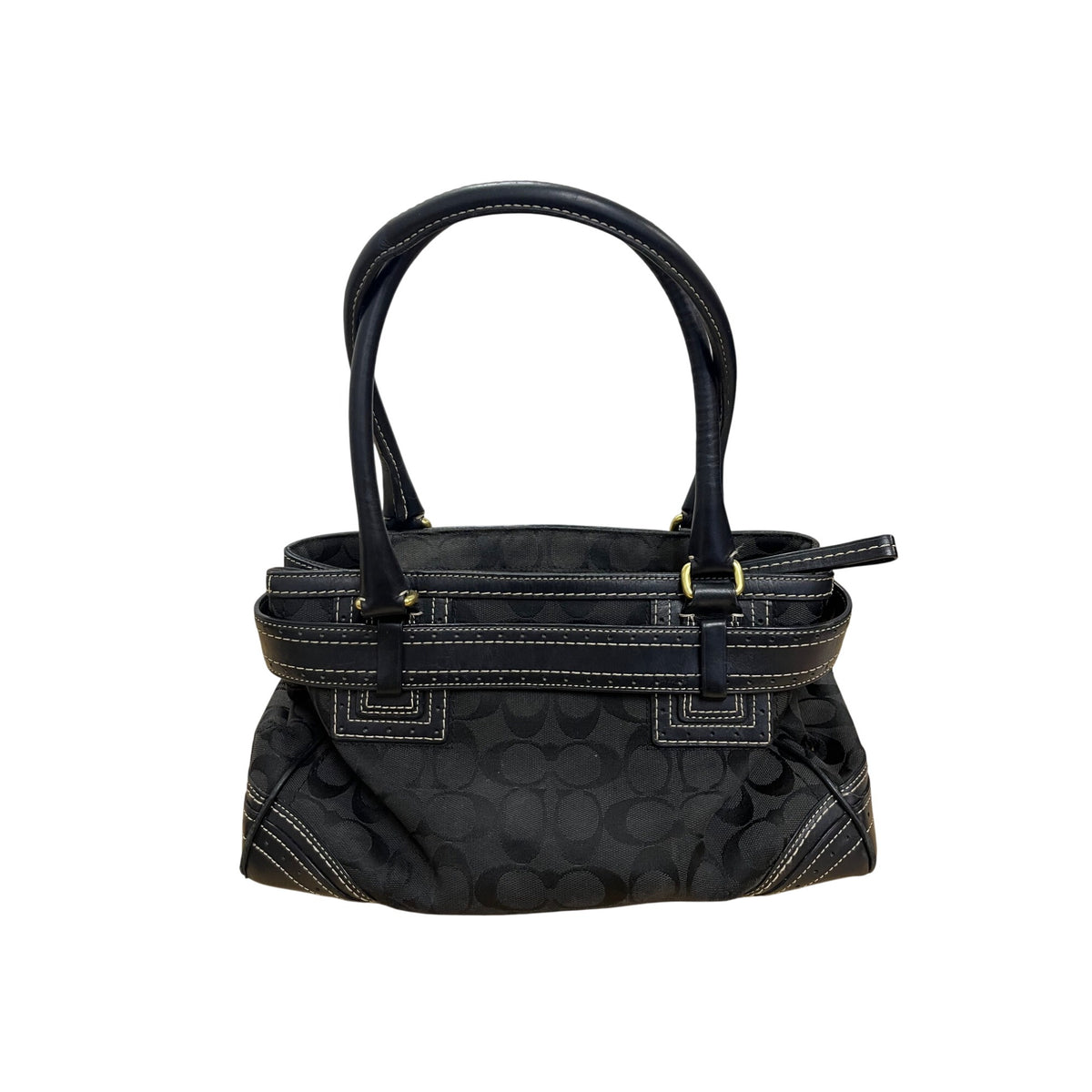 Coach Womens Black Canvas Satchel Bag Gold Hardware Leather Trim Medium Size Stylish