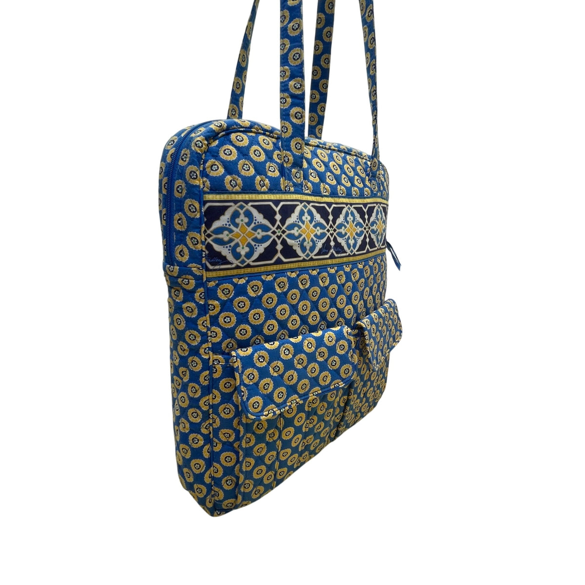 Vera Bradley Blue & Yellow Patterned Quilted Zip Closure & Pockets Shoulder Bag