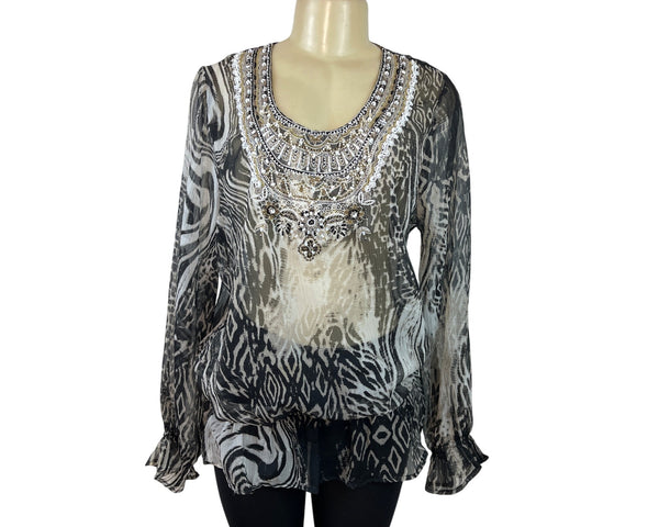 Kay Celine Beaded Sheer Animal Print Blouse Long Sleeves Black/White Size L