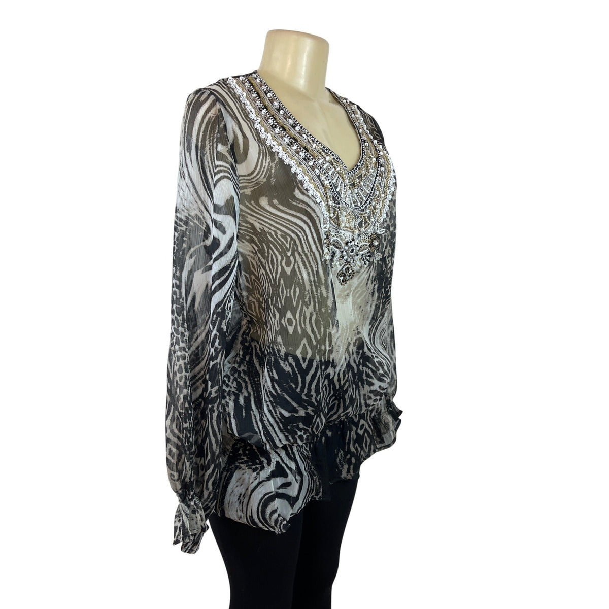 Kay Celine Beaded Sheer Animal Print Blouse Long Sleeves Black/White Size L