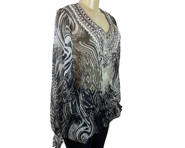 Kay Celine Beaded Sheer Animal Print Blouse Long Sleeves Black/White Size L