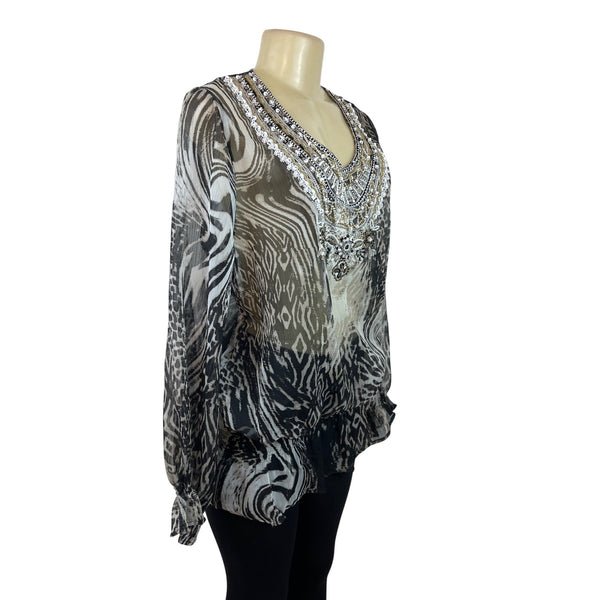 Kay Celine Beaded Sheer Animal Print Blouse Long Sleeves Black/White Size L