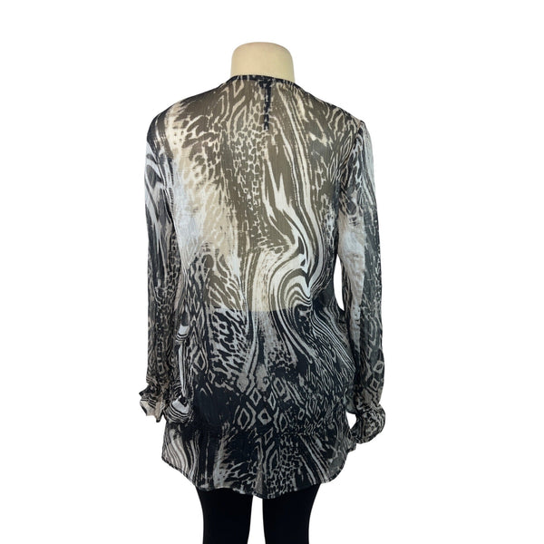 Kay Celine Beaded Sheer Animal Print Blouse Long Sleeves Black/White Size L