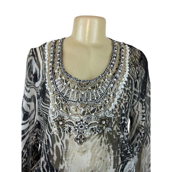 Kay Celine Beaded Sheer Animal Print Blouse Long Sleeves Black/White Size L