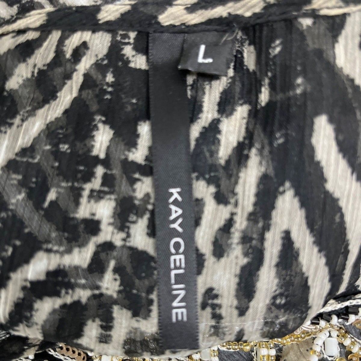 Kay Celine Beaded Sheer Animal Print Blouse Long Sleeves Black/White Size L
