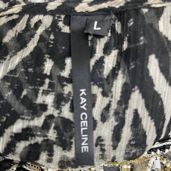 Kay Celine Beaded Sheer Animal Print Blouse Long Sleeves Black/White Size L