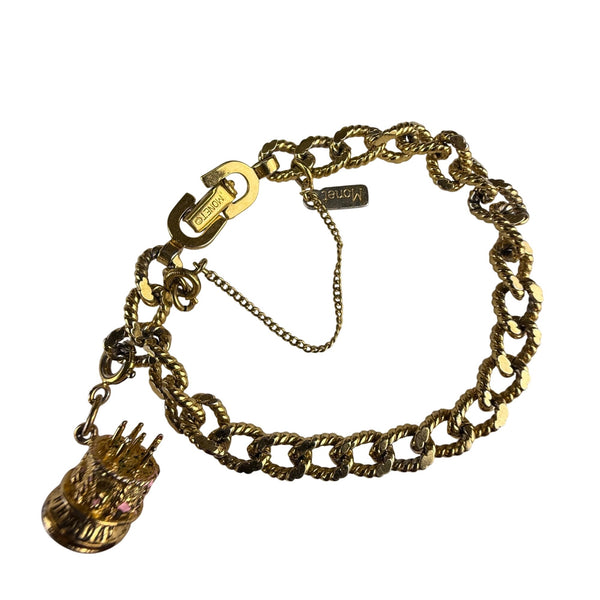 Monet Womens Gold Tone Chain Bracelet With Enamel Cake Charm Vintage
