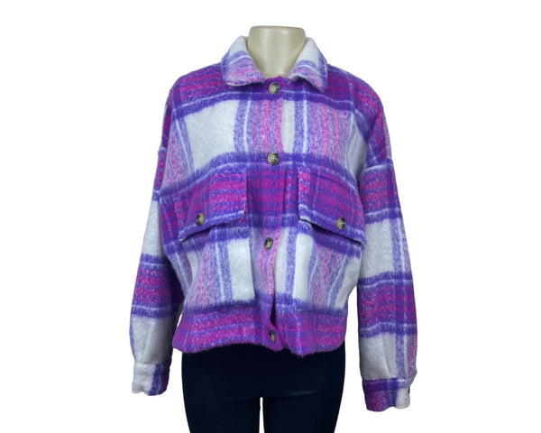 SO Women Pink and Purple Plaid Long Sleeve Cropped Shirt Jacket Sz M