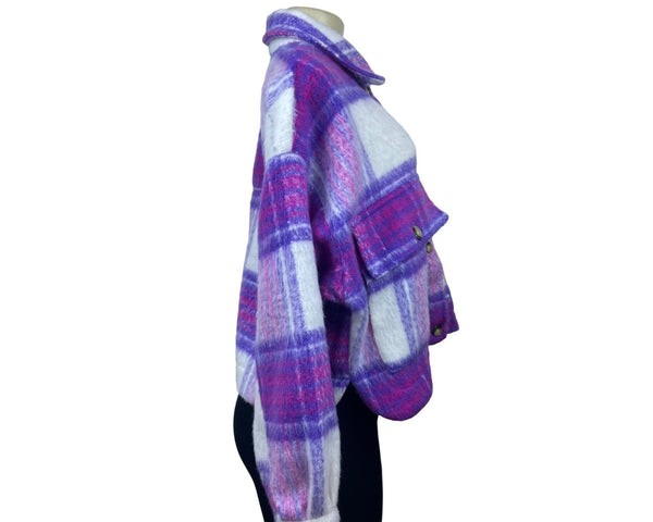 SO Women Pink and Purple Plaid Long Sleeve Cropped Shirt Jacket Sz M