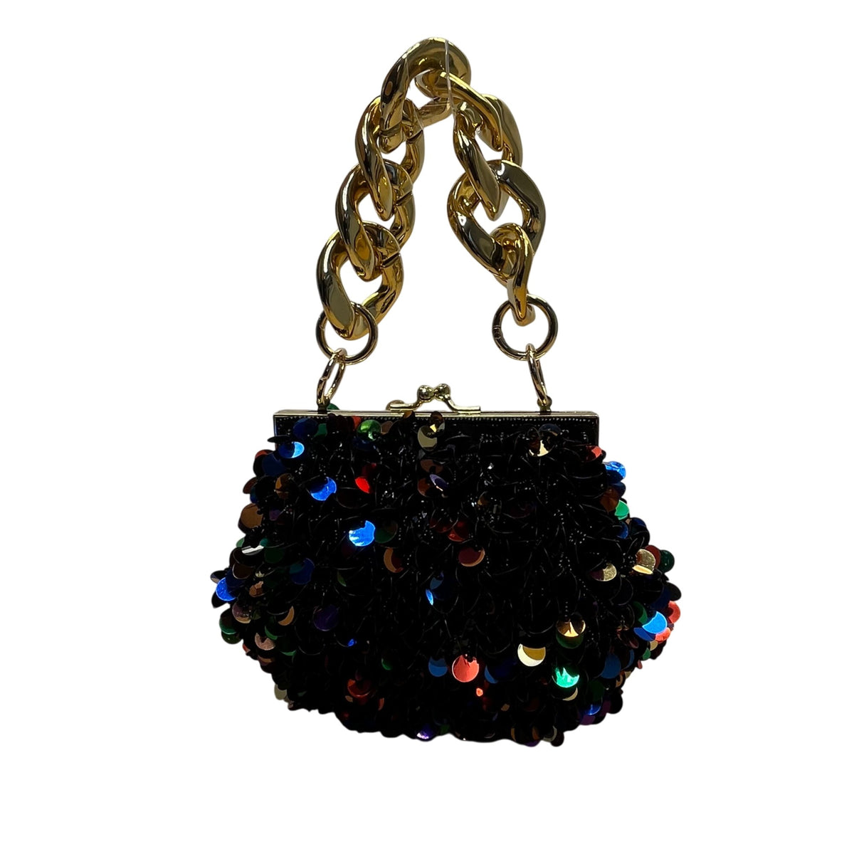 Black Sequin Chain Handle Purse Party Evening Bag With Gold-Tone Accents Small