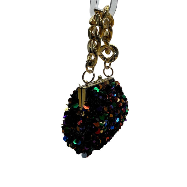 Black Sequin Chain Handle Purse Party Evening Bag With Gold-Tone Accents Small