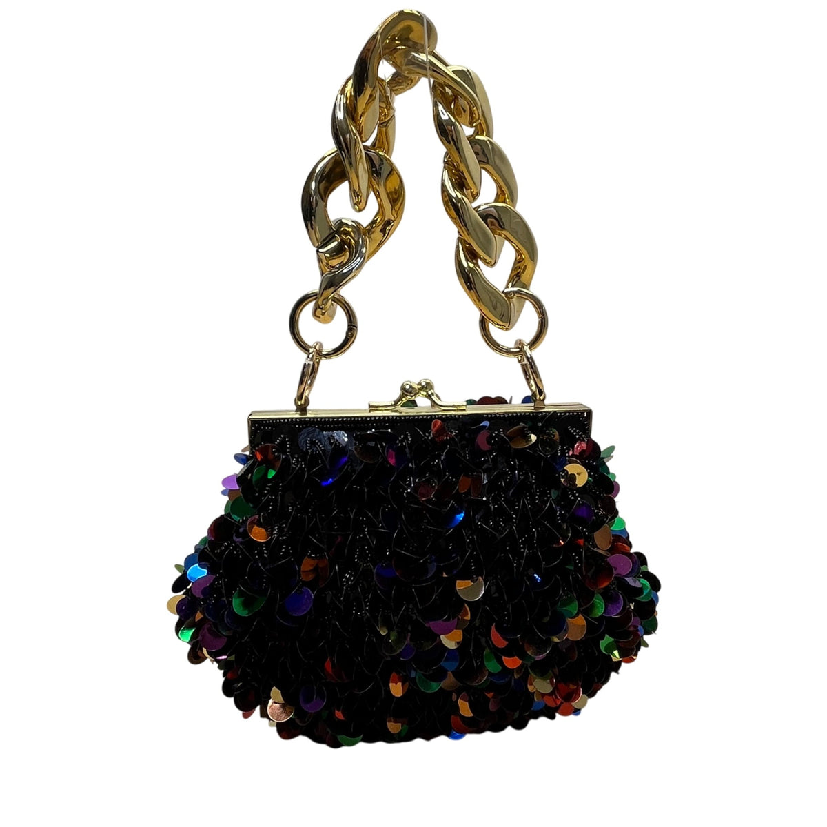 Black Sequin Chain Handle Purse Party Evening Bag With Gold-Tone Accents Small