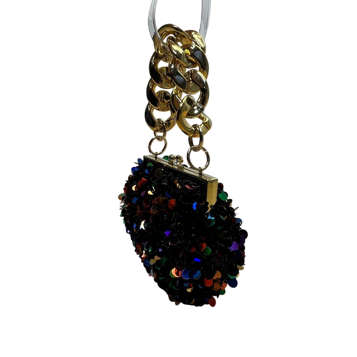 Black Sequin Chain Handle Purse Party Evening Bag With Gold-Tone Accents Small