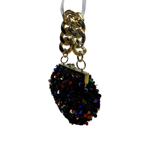 Black Sequin Chain Handle Purse Party Evening Bag With Gold-Tone Accents Small