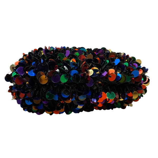 Black Sequin Chain Handle Purse Party Evening Bag With Gold-Tone Accents Small