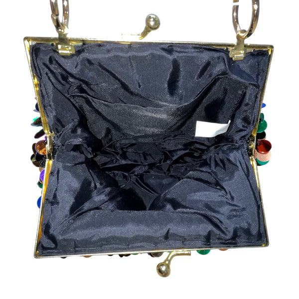 Black Sequin Chain Handle Purse Party Evening Bag With Gold-Tone Accents Small