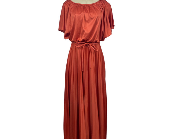 Vintage Style Rust Orange Maxi Dress With Belt & Flutter Sleeves S/M