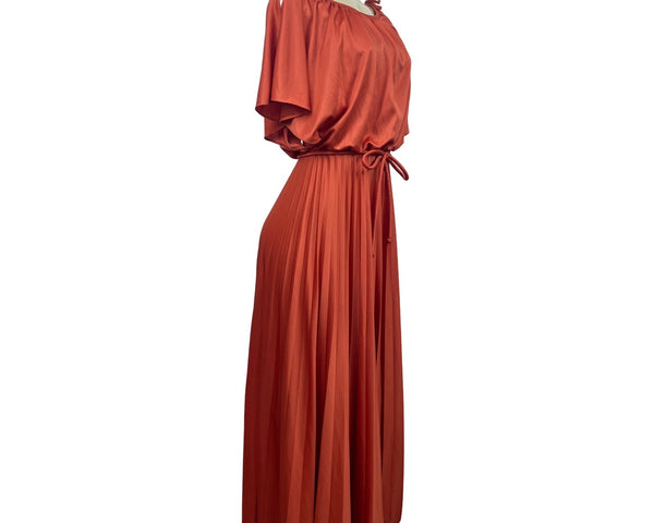 Vintage Style Rust Orange Maxi Dress With Belt & Flutter Sleeves S/M