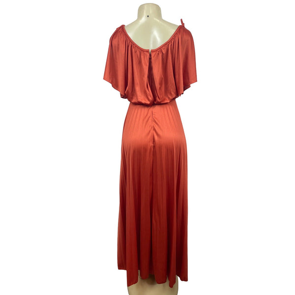 Vintage Style Rust Orange Maxi Dress With Belt & Flutter Sleeves S/M
