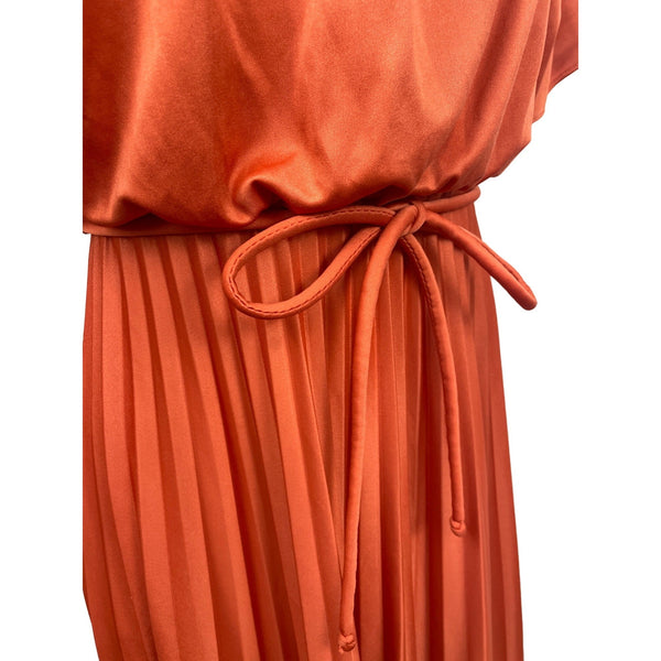 Vintage Style Rust Orange Maxi Dress With Belt & Flutter Sleeves S/M