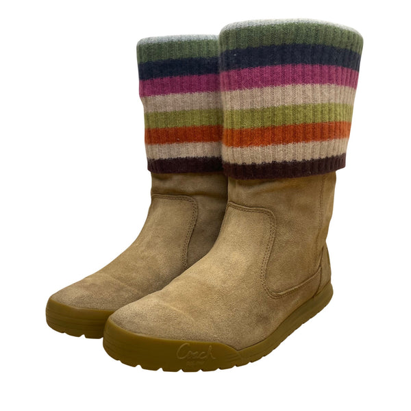 Coach Women’s Tan Suede Leather Multicolor Knit Fold-Over Tatum Boots Size 8.5M