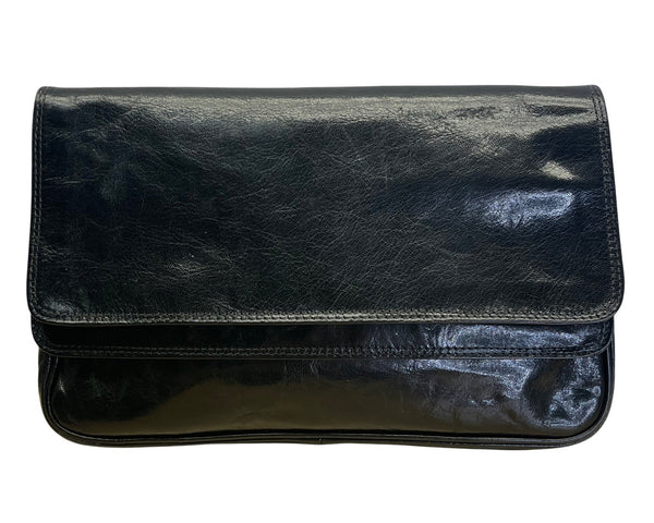 Vintage T.Bag Black Leather With Zippered Interior Pocket Fold-Over Clutch Purse