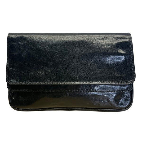 Vintage T.Bag Black Leather With Zippered Interior Pocket Fold-Over Clutch Purse